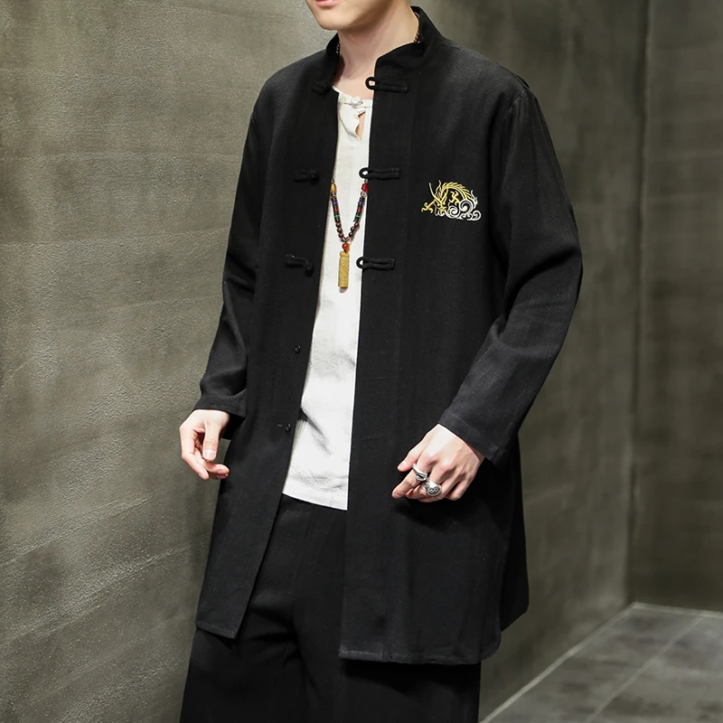 

2021 Chinese Style Men's Clothing Cotton Linen Dragon Embroidered Taoist Robe Chinese Hanfu Coat Medium Length traditional tops