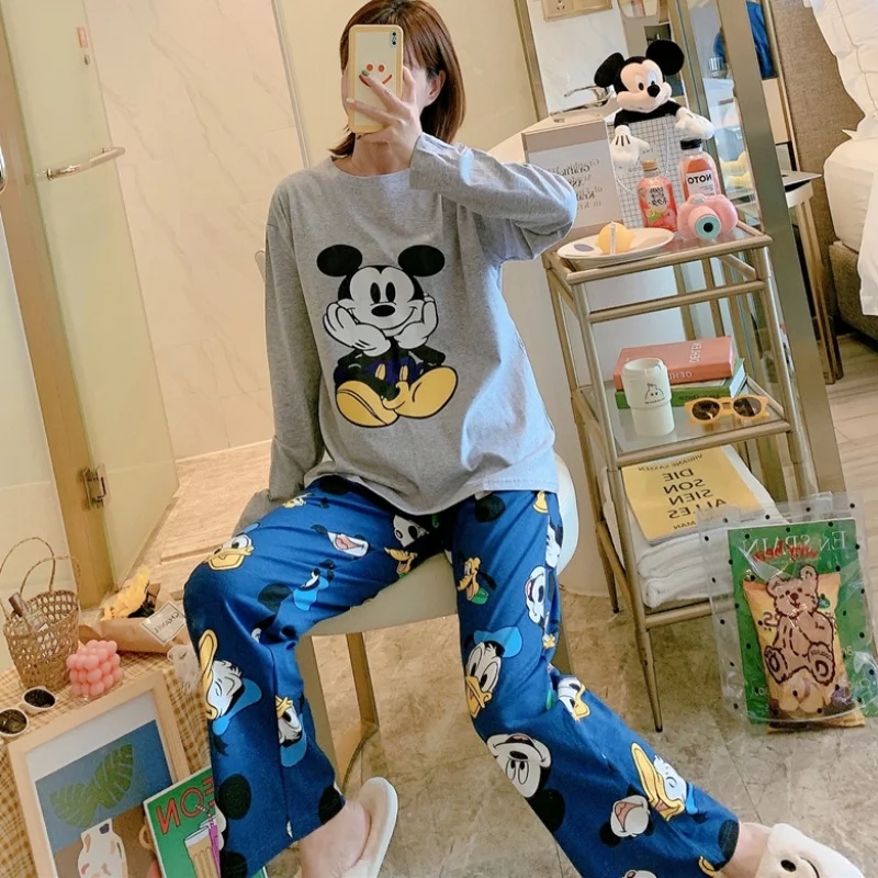 Disney Pajamas Set for Women Mickey Mouse Two Piece Fall Sleepwear Pants Long Sleeved Plus Size Loungewear Casual Soft Nightwear