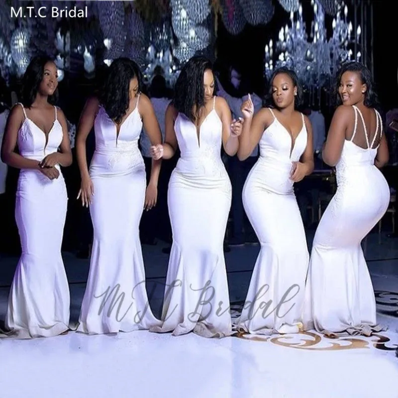 

Sexy White Long African Bridesmaid Dresses Backless Spaghetti Straps Mermaid Wedding Guest Dress Plus Size Black Girl Prom Gowns