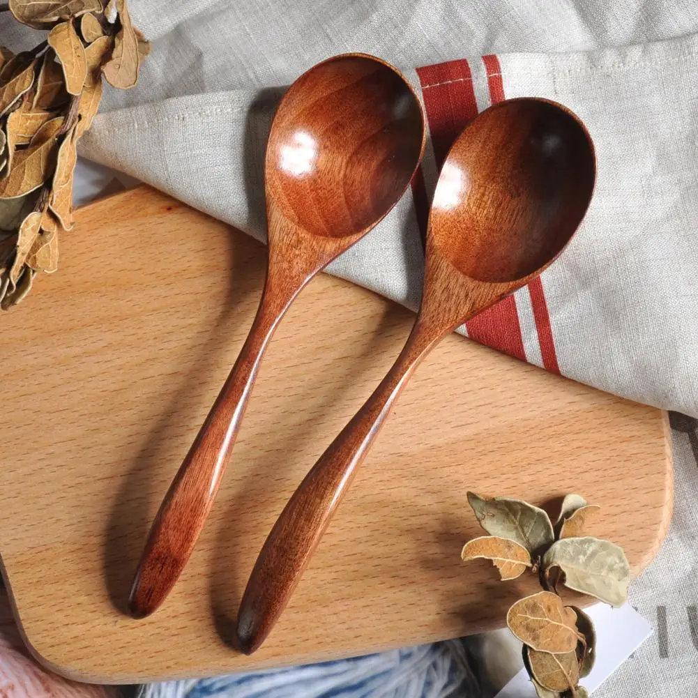

1 Pc Wooden Spoon Stylish Exquisite Sturdy Wide Application Long Handle Eco-friendly Solid Color Dinner Spoon for Kitchen