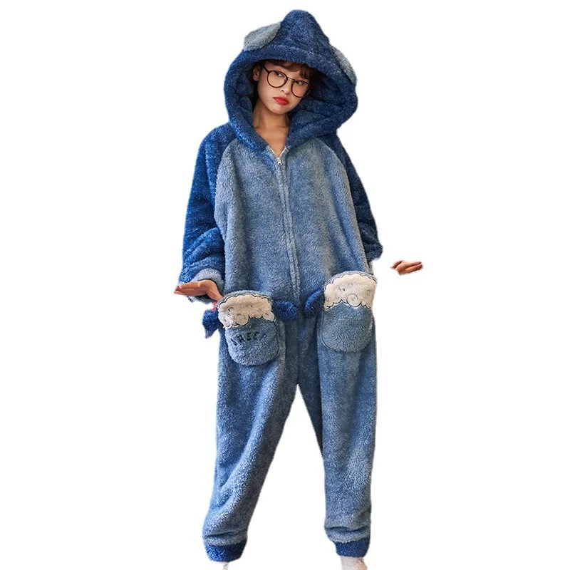 

Autumn And Winter Ladies One-piece Pajamas Comfortable And Warm Long Sleeved Trousers Thick Home Wear With Cute Rabbit Ears