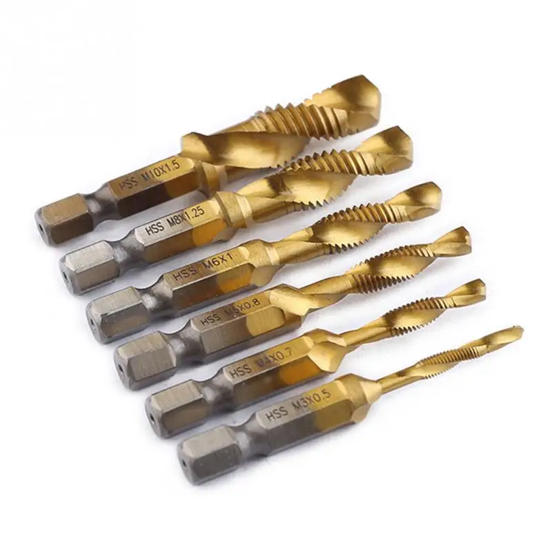 

6Pcs/set -M10 composite tap drill bit thread spirals crew tap 1/4'' Hex HSS,Hexagon handle compound Tap Drill Bits