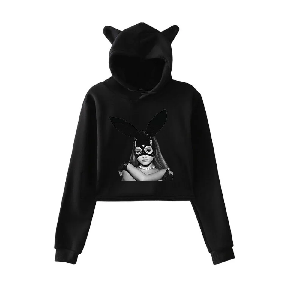 Cotton Pink Hoodie Crop Sweatshirts Cat Ear Hat High Waist Woman Pattern Printing Womens Clothing Streetwear 2019 | Женская одежда