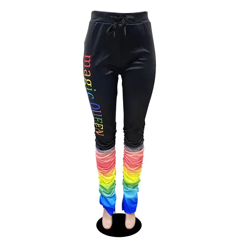 

ZKYZWX High Waist Stacked Leggings Women Sweatpants Joggers Elastic Bell Bottom Trouser Rainbow Split Hem Flare Ruched Pants