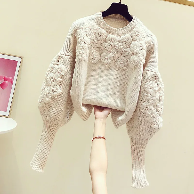 

Stereoscopic flower embroidery sweater female 2021 autumn and winter new Korean version of lazy wind lantern sleeve pullover swe
