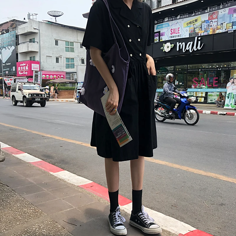 ulzzang notched loose preppy style black pockets high waistWomen's Clothing fashion brand summer dress vestidos korean dresses | Женская