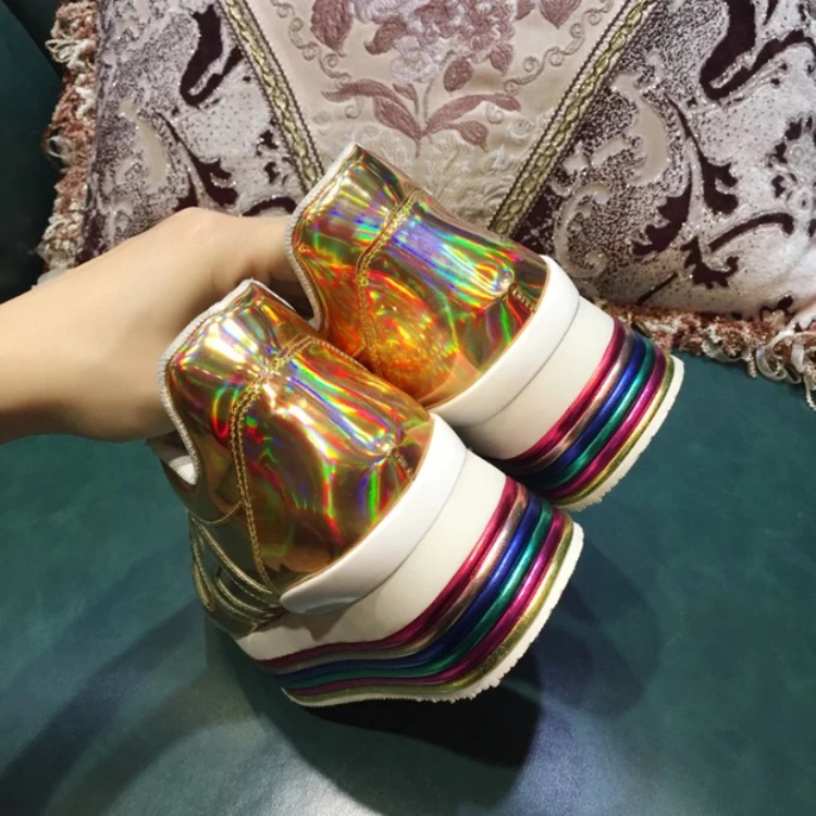 GCYFWJ/женские кроссовки из натуральной кожи; повседневная обувь на плоской подошве со шнуровкой; Модные женские Сникеры на платформе с радужной подошвой для ночного клуба