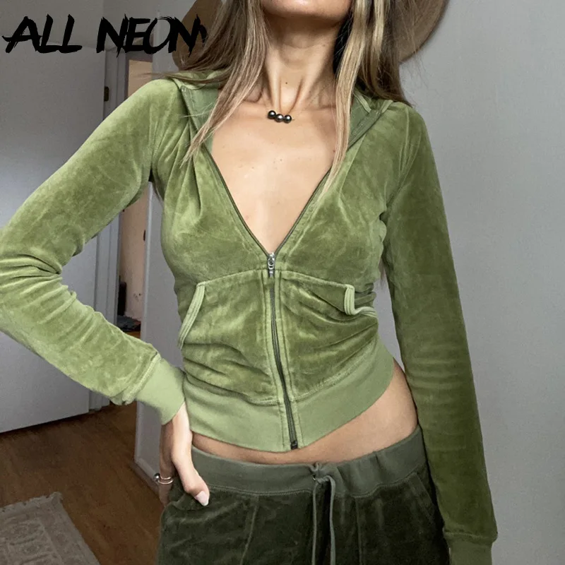 

ALLNeon 2000s Aesthetics Pink Velour Sets Slim Y2K Streetwear Zip Up Hoodie and Drawstring Low Waist Pants Co-ord Suits Women