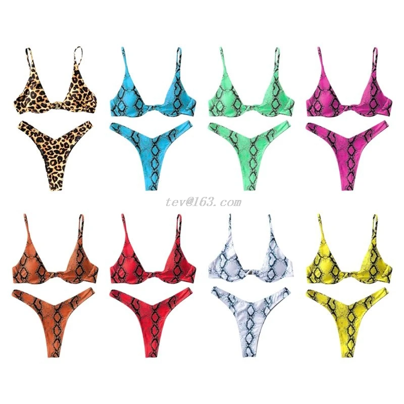 

Women Sexy Brazilian Micro Bikini Set Neon Snakeskin Leoaprd Print Swimsuit Push Up Underwire High Cut Bathing Suit