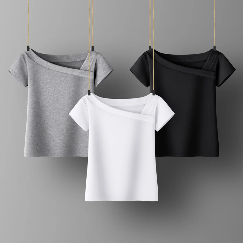 

Women Soft Cotton T-shirt Skew Collar Solid color Lady Tees Short Sleeve Summer Women's clothings All match Female T-shirts