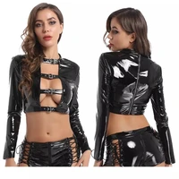 women shiny wetlook leather lingerie set erotic glossy latex boxer sexy below opening crotch leather tops porn breast exposed
