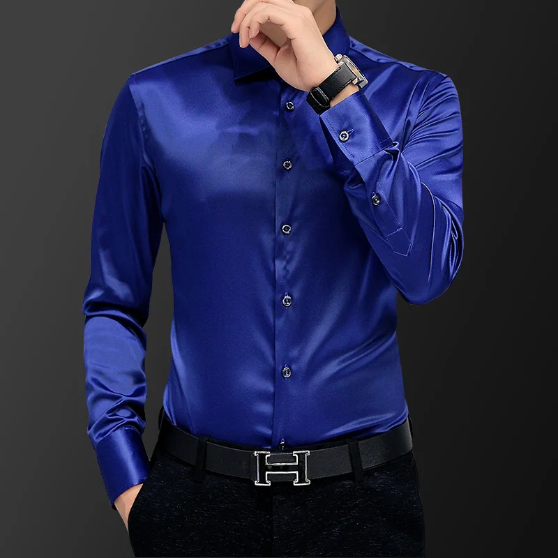 

Korean Fashion Style Men's Shirt Wedding Dress Long Sleeve Vintage Shirt Silk Tuxedo Top Chemise Male Cotton Shirt White