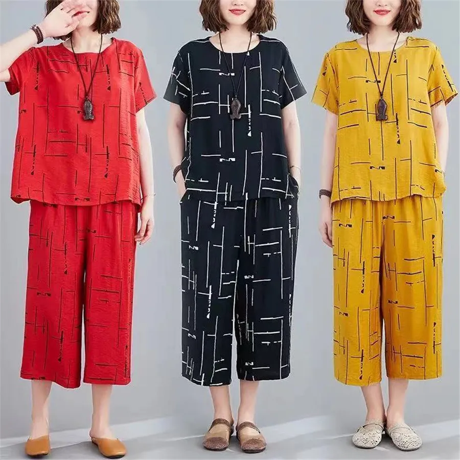 

2021 New Women's Tracksuit Summer Short Sleeve Crop Top Round Neck T-shirt Home wild leg Casual 2 Piece Sets Womens Outfits