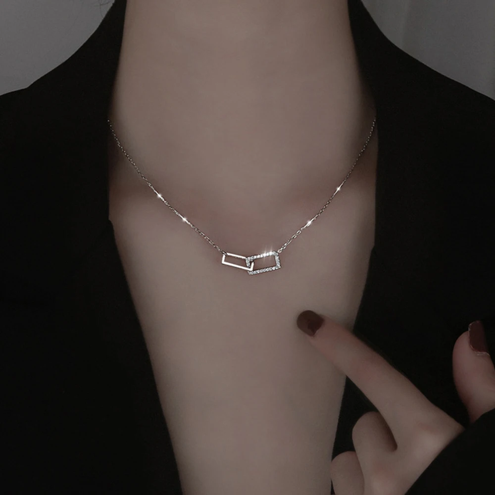 

New 925 Sterling Silver Shiny Rectangle Double Zircon Circle Zirconia Necklaces Pendants Gift For Girl Choker Valentine's Day