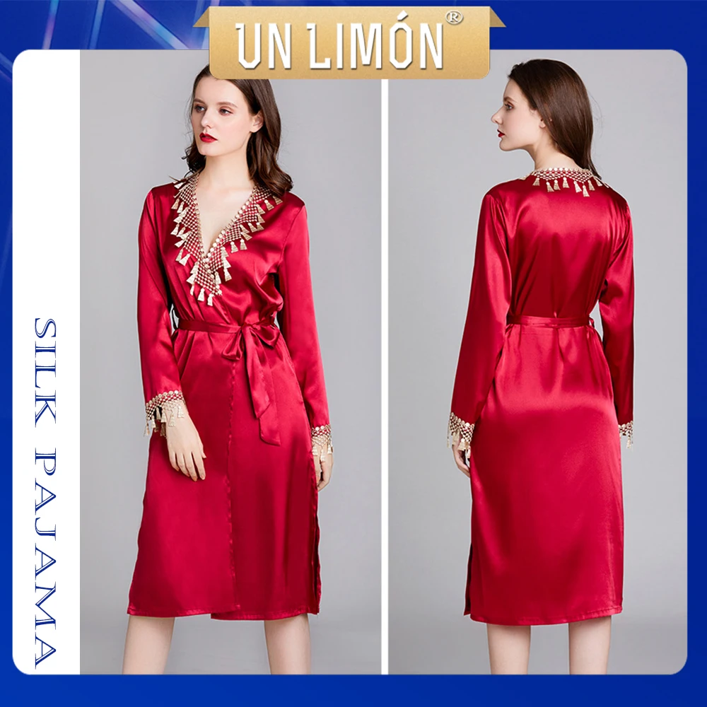 

UNLIMON Women Silk Pajamas Long Sleeve Nightgown Mid Length Robe