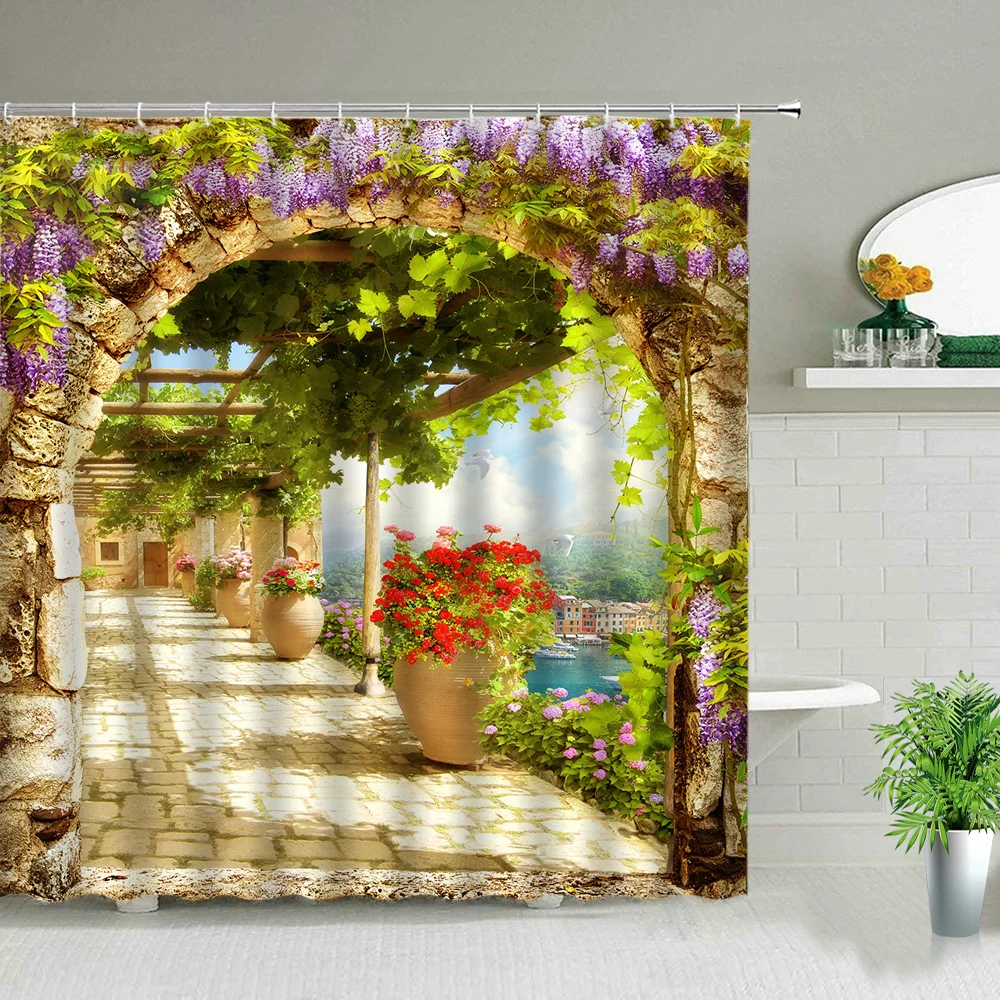 natural scenery green bamboo flower birds plant shower curtains forest spring summer landscape bathroom decor cloth curtain set free global shipping