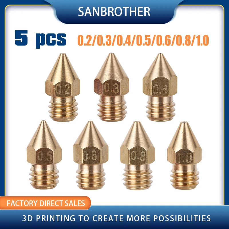 

5Pcs 3D Printer Brass Copper Nozzle Mixed Sizes 0.2/0.3/0.4/0.5 Extruder Print Head For 1.75MM MK8 Makerbot