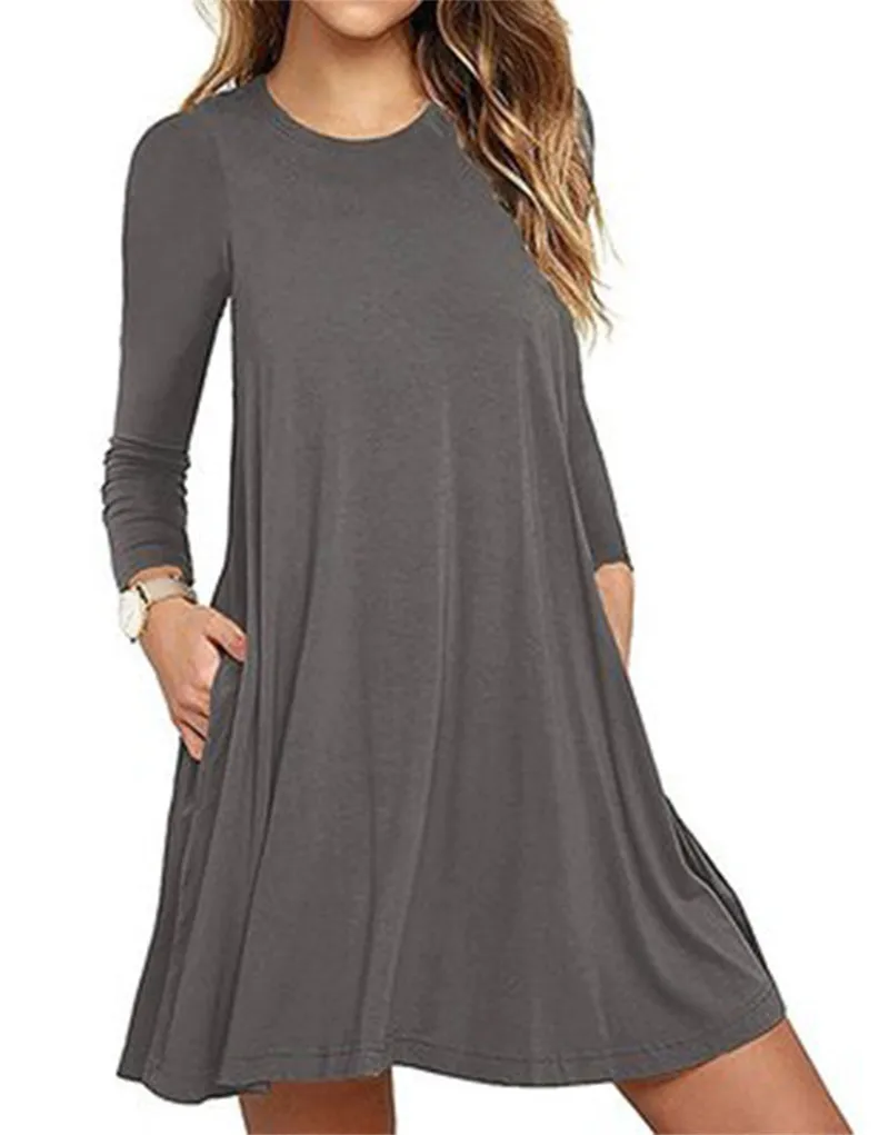 

2020 New Autumn Cotton Dress Women Long Sleeve O-Neck Black A-line Dress Casual Pocket Loose Mini Dress Female Clothing Vestidos