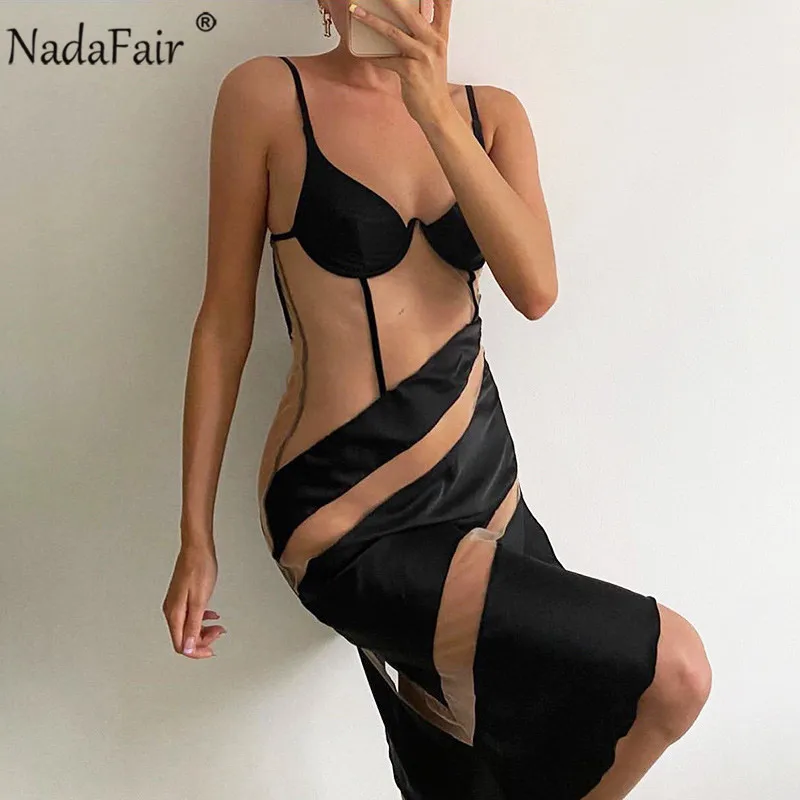 Женское Сетчатое платье Nadafair на бретелях спагетти с V образным вырезом