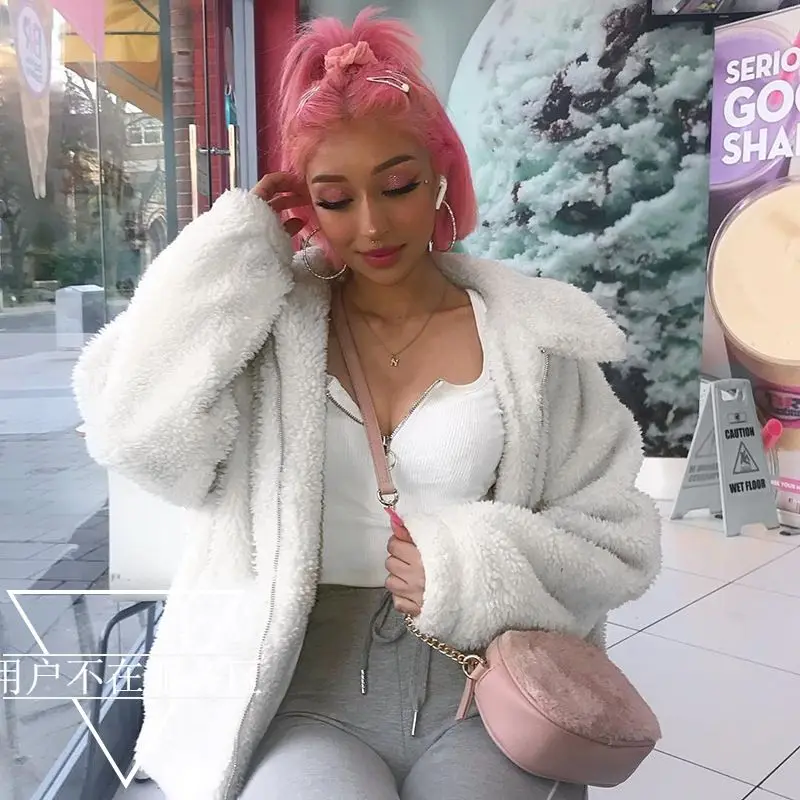 2021 Fall New Style Sheepskin Fashion Loose Lapel Casual David Clothing Warm Cardigan Women's Jacket