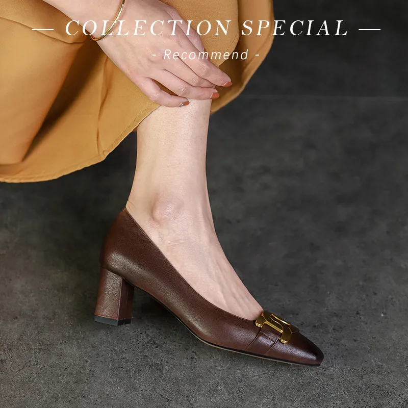 

FEDONAS Genuine Leather Stiletto Medium High Heels Pumps For Women Metal Decoration Shoes Woman 2021 Newest Party Hoes Woman