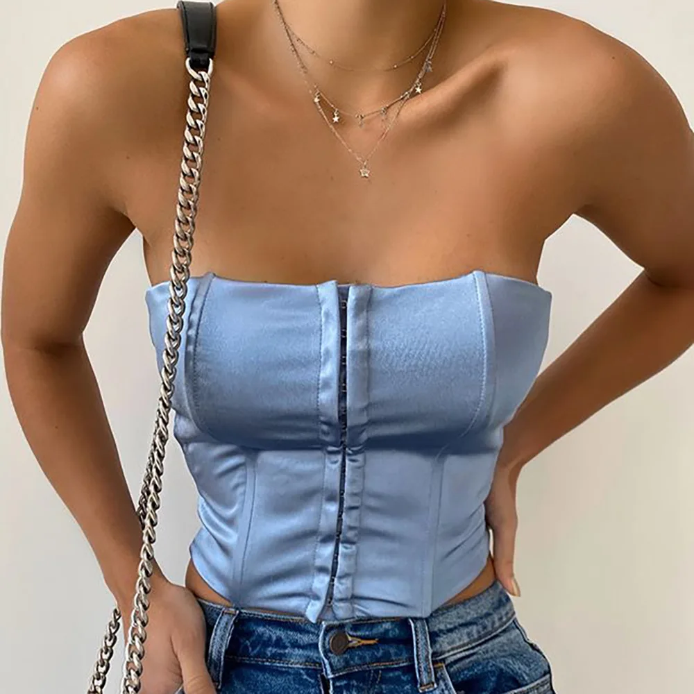 

Slash Neck Strapless Off-shoulder Backless Tank Tops Summer Woman Blue Casual Slim Bottoming Sexy Corset Wrapped Chest Crop Tops
