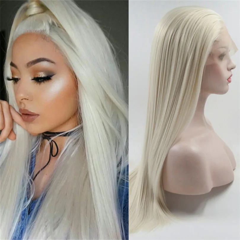 Длинный прямой парик из платинового блонда 13*4 спереди натурального