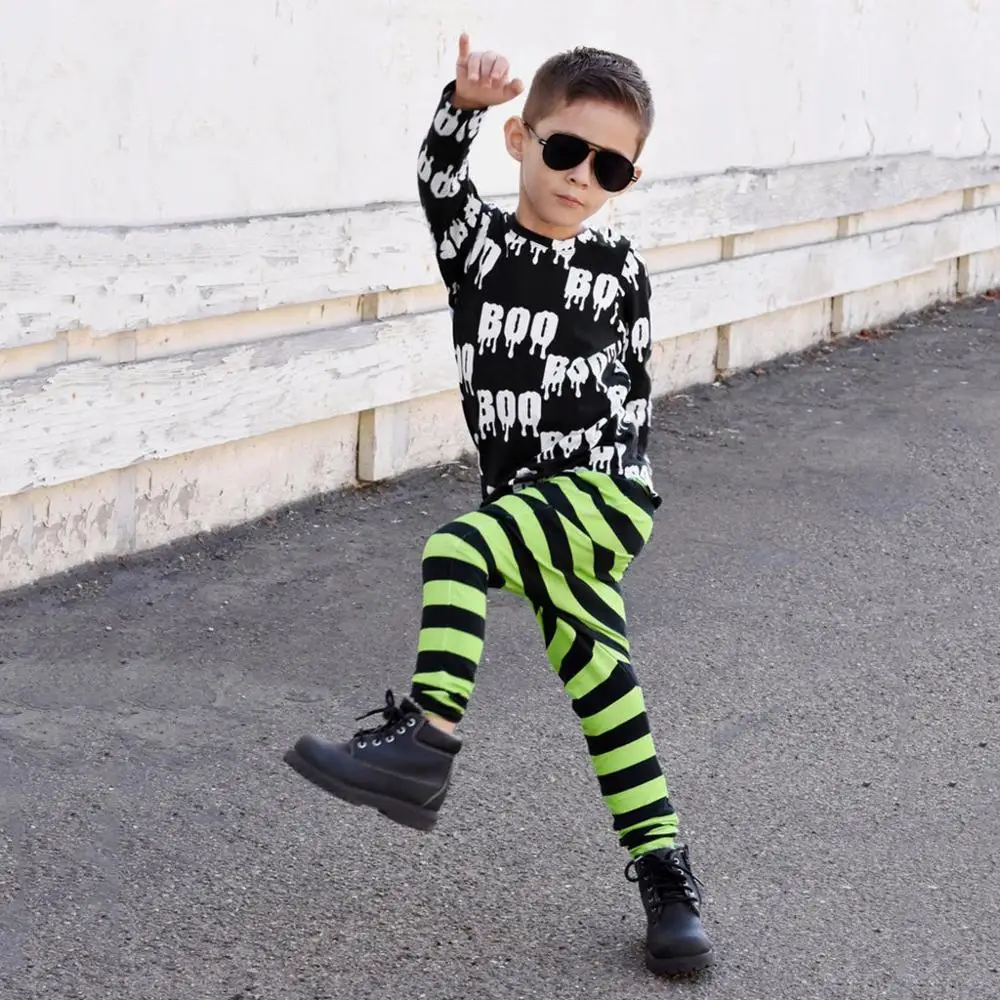 2019 Autumn Winter Fashion Toddler Baby Boy Girl Clothes Halloween Letter T-shirt Tops+Striped Pants Outfits |