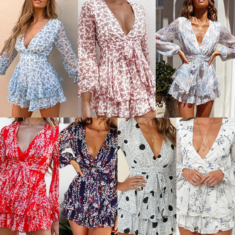 

Belt Autumn Long Butterfly Sleeve 2021 Gentlewomen V-neck Strapless Beach Party Boho Short Dress Ruffled Print Ladies Dresses