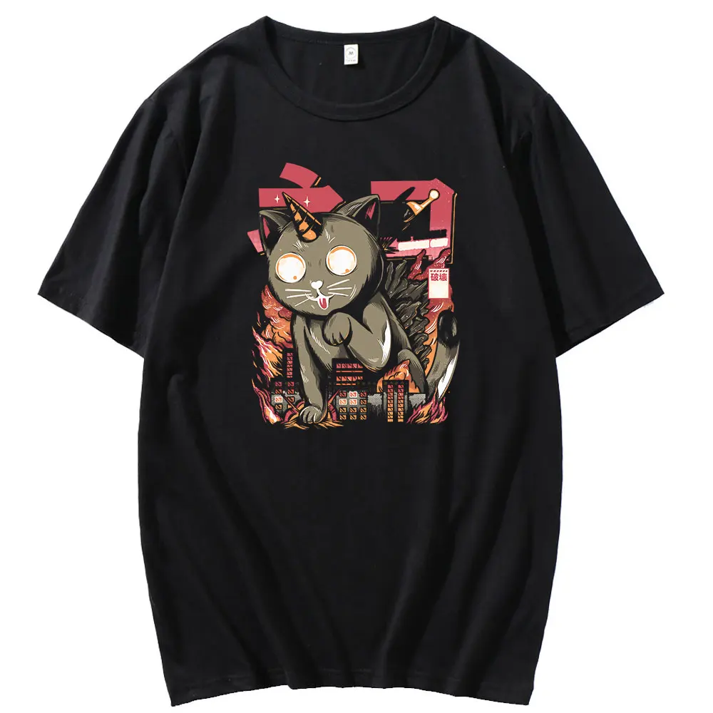 

2021 Fashion Catzilla Men T-Shirt Cat Kitten Lover Printed Graphic Tshirt O Neck Casual Tee Japanese Vintage Sunset Tops