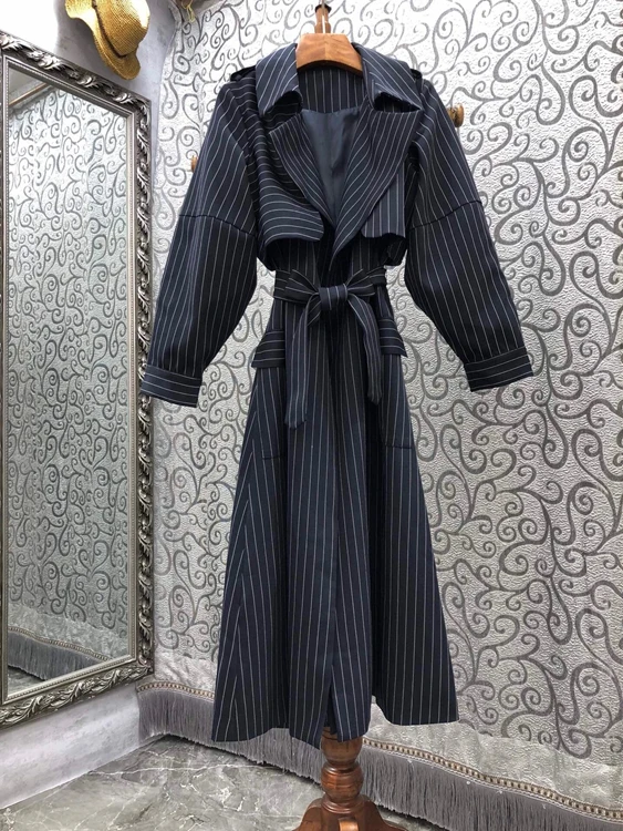 

2021 new women fashion lapel tie knotted waist hem slit long sleeve striped dress 096