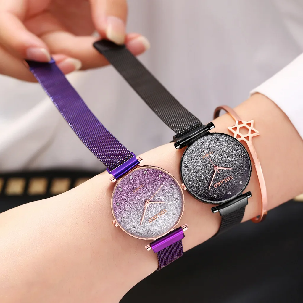 

YOLAKO Ladies Watch Frosted Diamond Starry Gradient Color Stainless Steel Band Magnet Buckle Women Watches Gifts /d
