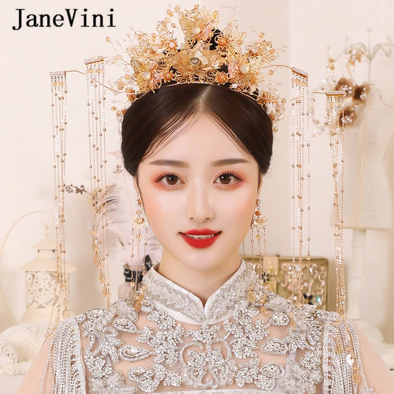 JaneVini Роскошные китайские заколки из бисера длинные кисточки золотые короны для
