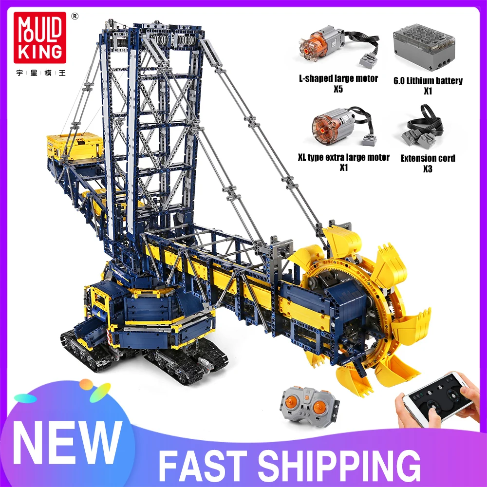 

Радиоуправляемый автомобиль MOULD KING 17006, высокотехнологичный Электрический ковш, колесный экскаватор, модель, кирпичи MOC строительные блоки ...