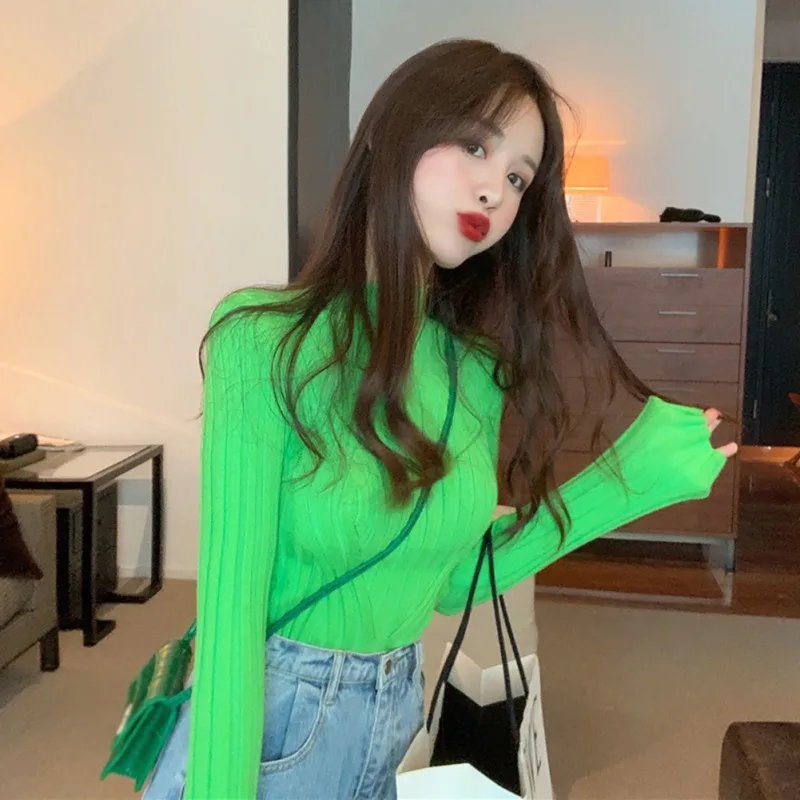 

Lady Casual Long Sleeve Sweater Autumn Winter Women Half Turtleneck Knitted Pullovers Bottom Slim Sweaters