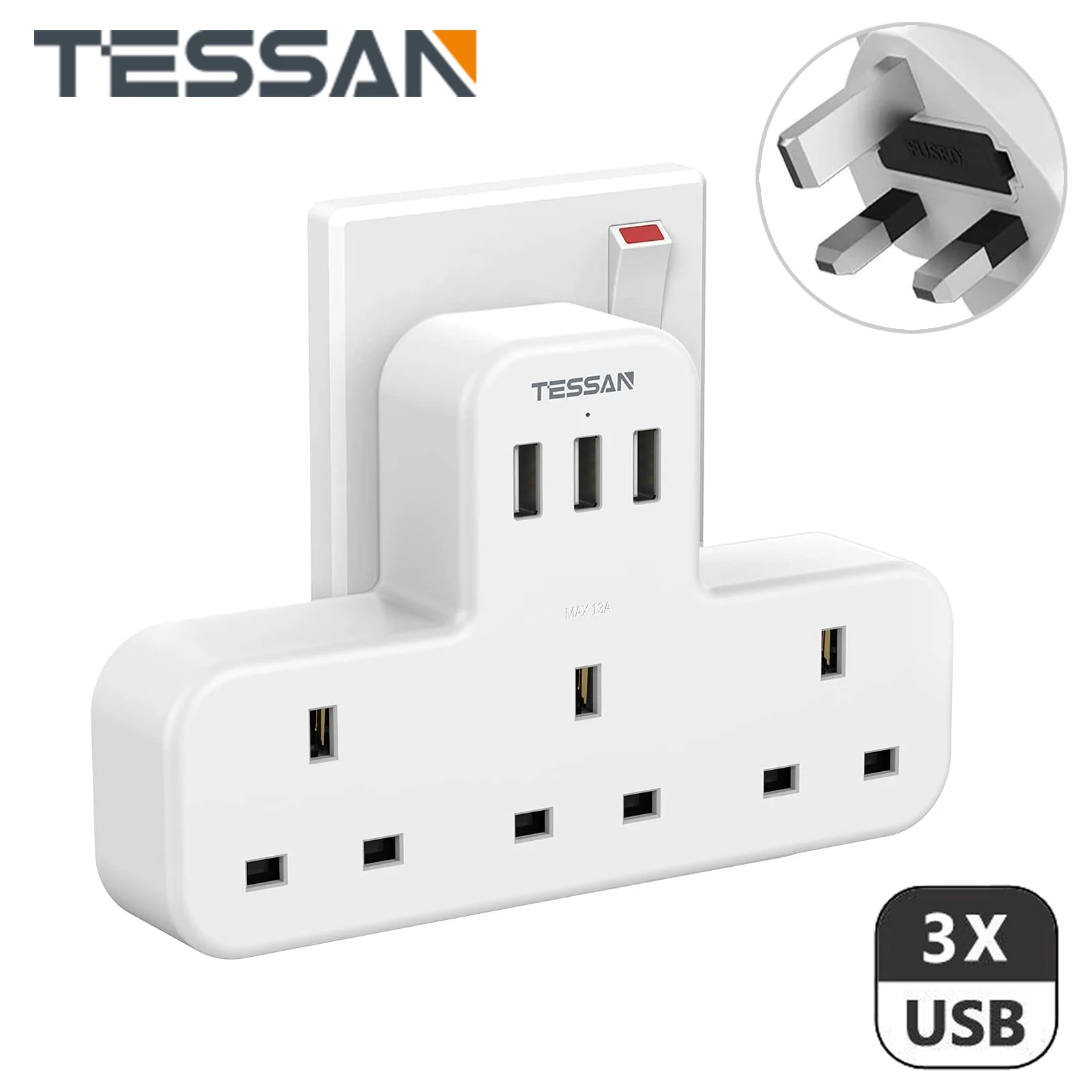 

TESSAN USB Plug Extension with 3 USB Ports and 3 UK Outlets, 5-in-1 UK Wall Socket Extender for Smartphone Tablets,13A 3250W