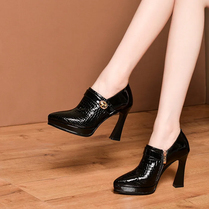 

Asumer Top Quality Patent Leather High Heel Platform Shoes Women Single Shoes Pointed Toe Zipper Classic Party Shoes Women Pumps