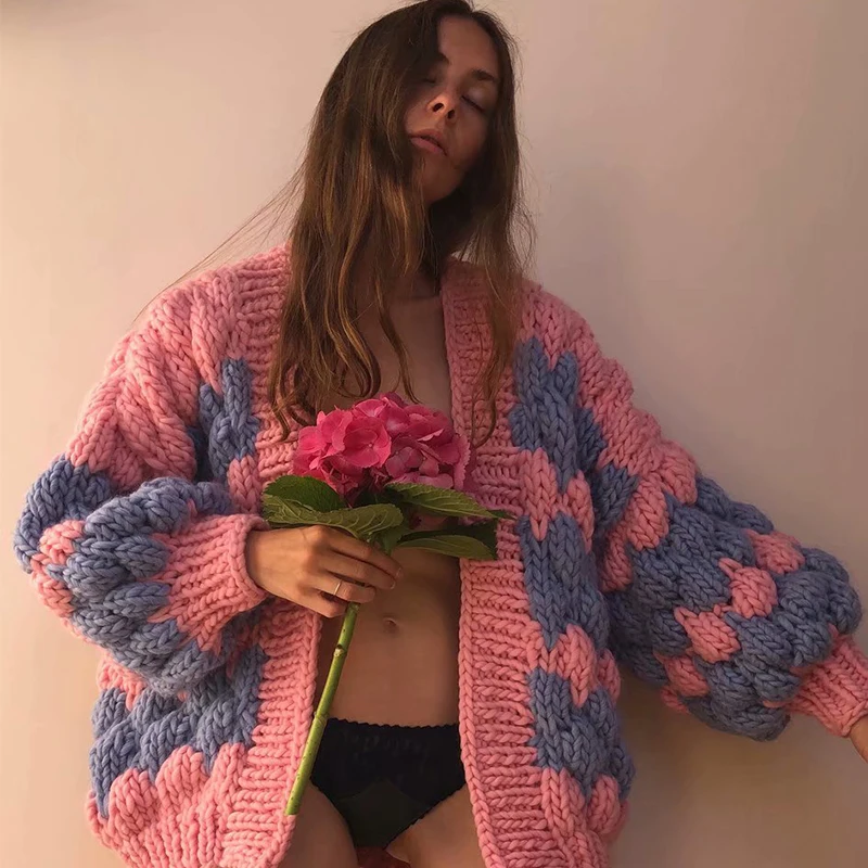 Pure manual mohair wave pattern coat high quality winter plus size cardigans patchwork orange handmade coat sweaters pink