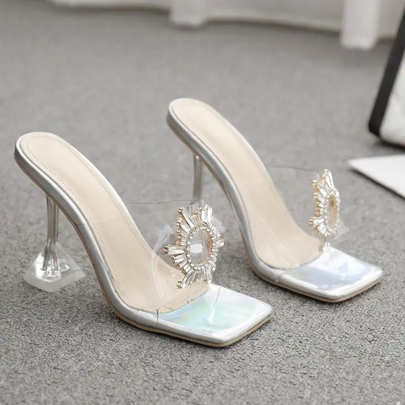 2021 summer new transparent high heels large size square toe open toe high heel rhinestone shoes sandals and slippers women free global shipping
