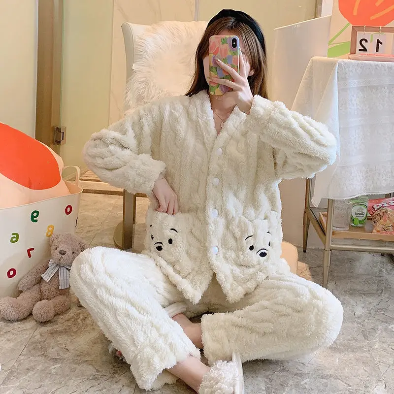 Coral Velvet Pajamas Women's Winter Plush Thickened Cardigan New Cute Cartoon Flannel Home Clothes Winter Set Pajamas for Women