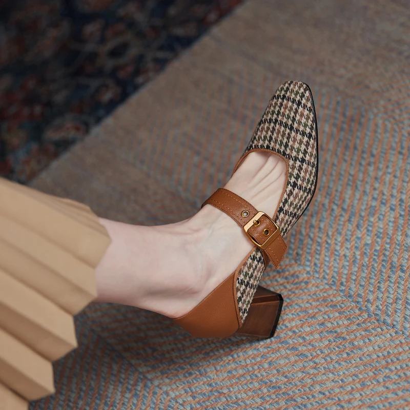 

INS HOT Women pumps natural leather 22-24.5cm Cowhide + Houndstooth fabric Splicing Mary Jane shoes French retro womens shoes