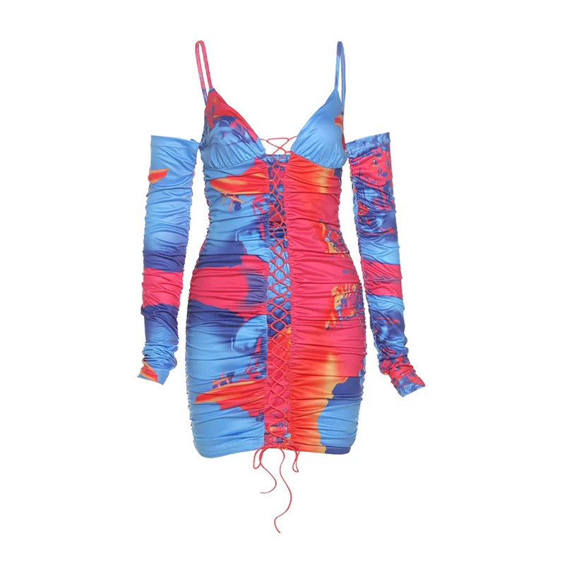 

European and American women's autumn/winter 2021 new fashion printed sling one-neck slim dress