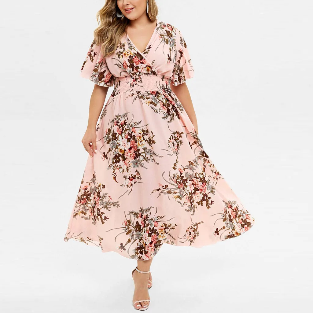 

2021 Summer Dress Plus Size Fashion Women Floral Printed V-Neck Short Sleeve Dresses Women Casual Экзоиеские плая