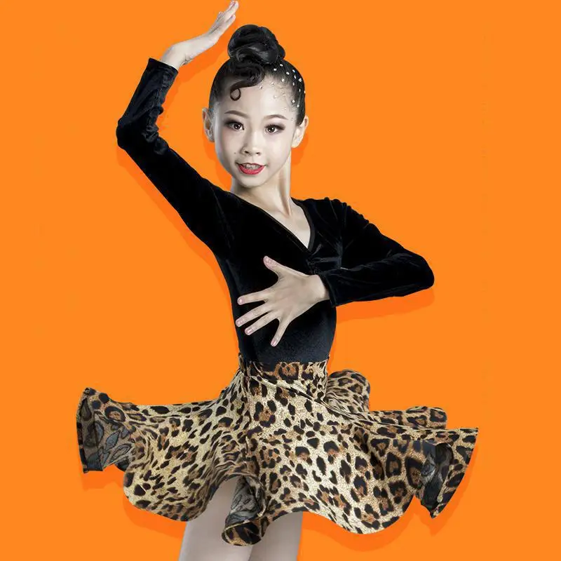 Leopard Print Girls Latin Dance Fringe Dress Kids Ballroom Competition Evening Party Stage Performance Clothing Top+skirt Set |