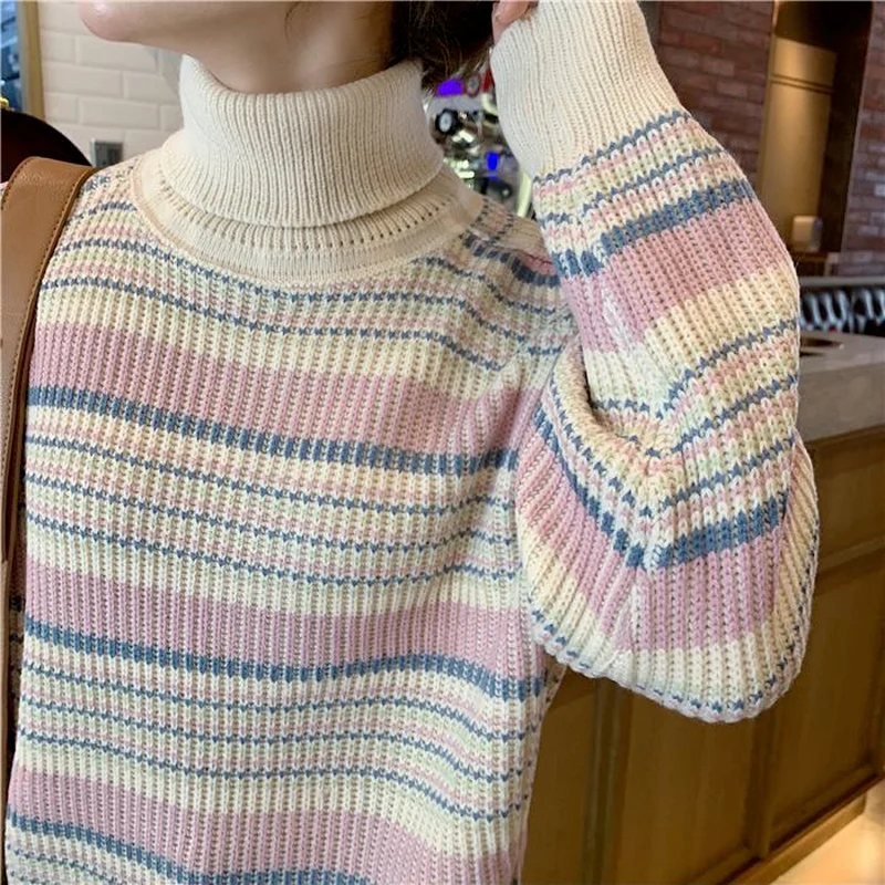 

Pullovers Women Sweet Retro Streetwear Kawaii Harajuku Turtleneck Korean Style Students All-match Loose Chic Warm Fashion New