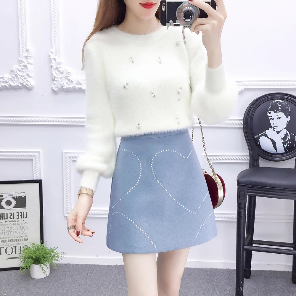 

2022 Women Autumn Winter New 2 Pieces Sets Female Long Sleeve Sweater Knitted Tops and High Waist Short Skirts Ladies Suits A268