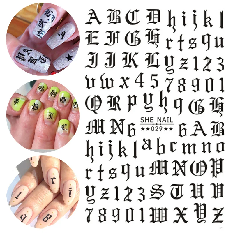 

1Sheet 3D letter Nail Art sticker nail decal gold letters black words character nail adhesive sticker decals nails decoration