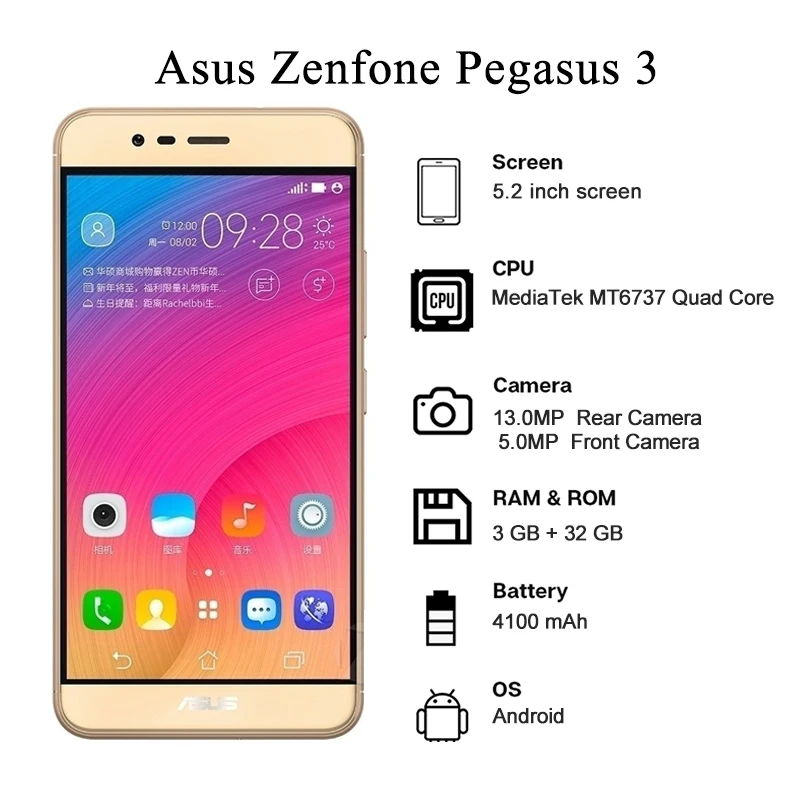 Смартфон Asus Zenfone Pegasus 3 Android + 32 ГБ 5 2 дюйма MediaTek MT6737 задняя камера 13 МП аккумулятор