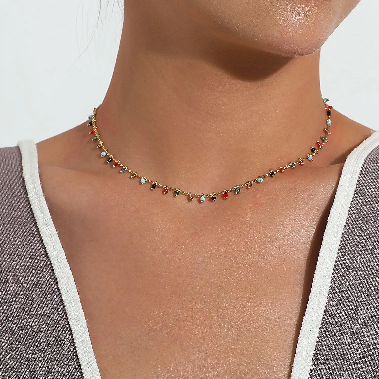 

Colorful Resin Beads Choker Necklaces for Women Gold Color Short Clavicle Necklace Female 2021 New Trend Jewelry Accessories