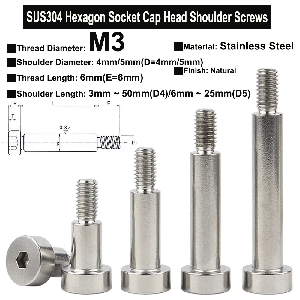 

1Pc M3 SUS304 Stainless Steel Hexagon Socket Cap Head Shoulder Screws Shoulder Diameter 4mm /5mm Roller Bearing Bolts